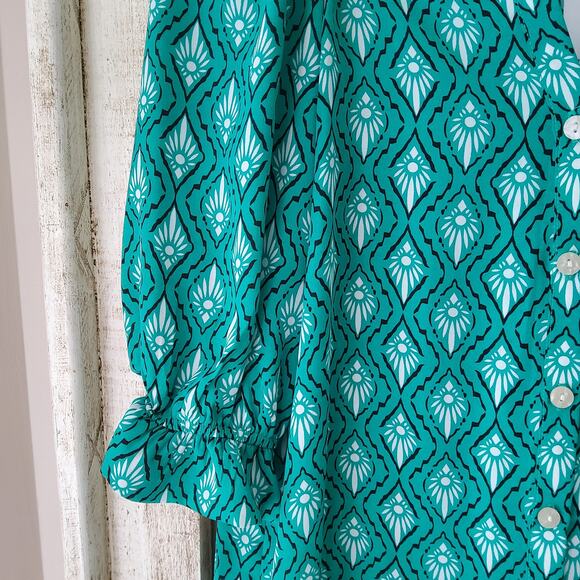 NY Collection Women's Petite Short Balloon Sleeve Button Front Blouse Top Geo - Picture 9 of 11